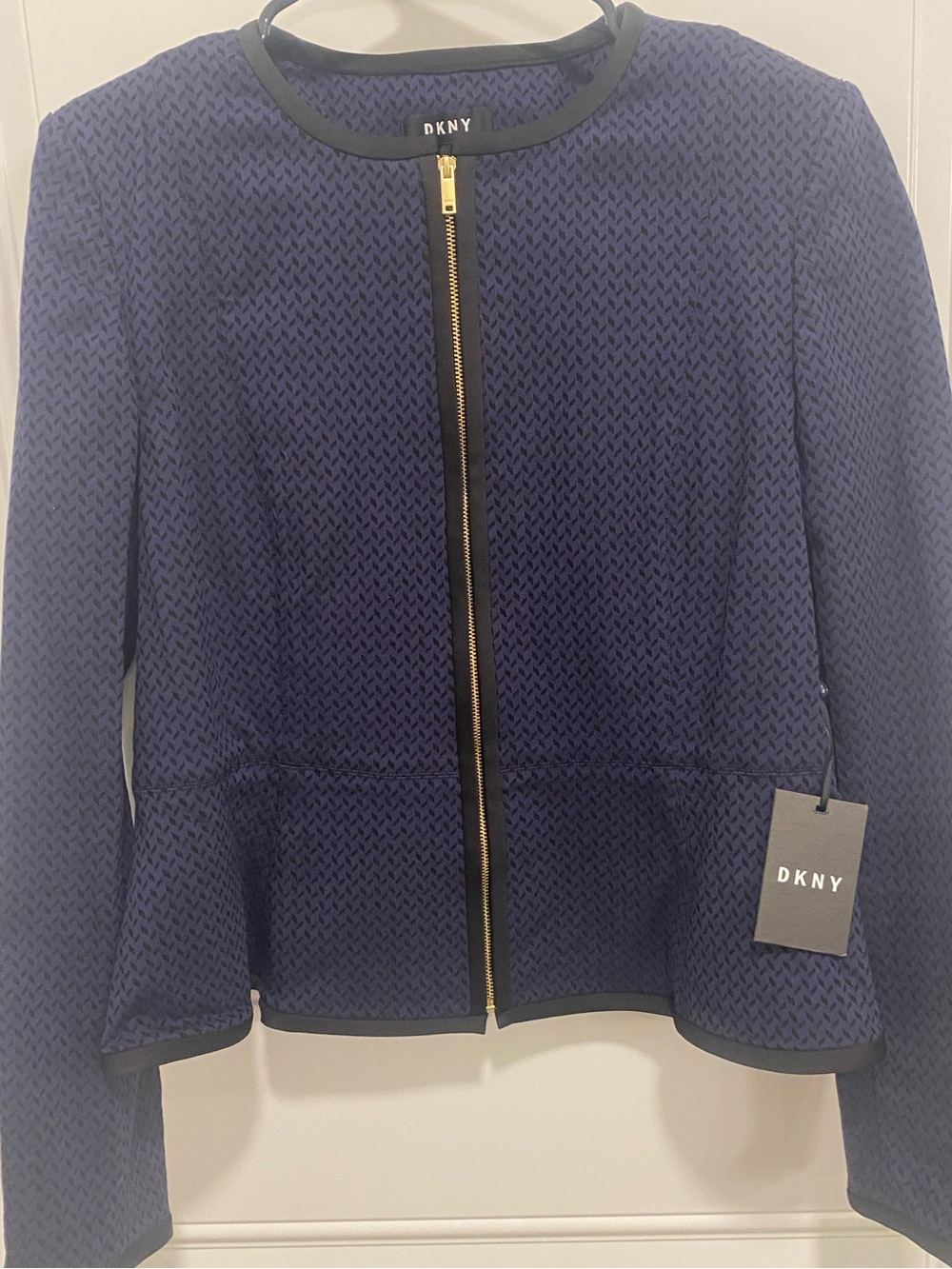 DKNY Navy Textured Zip-Peplum Blazer with Gold Zip